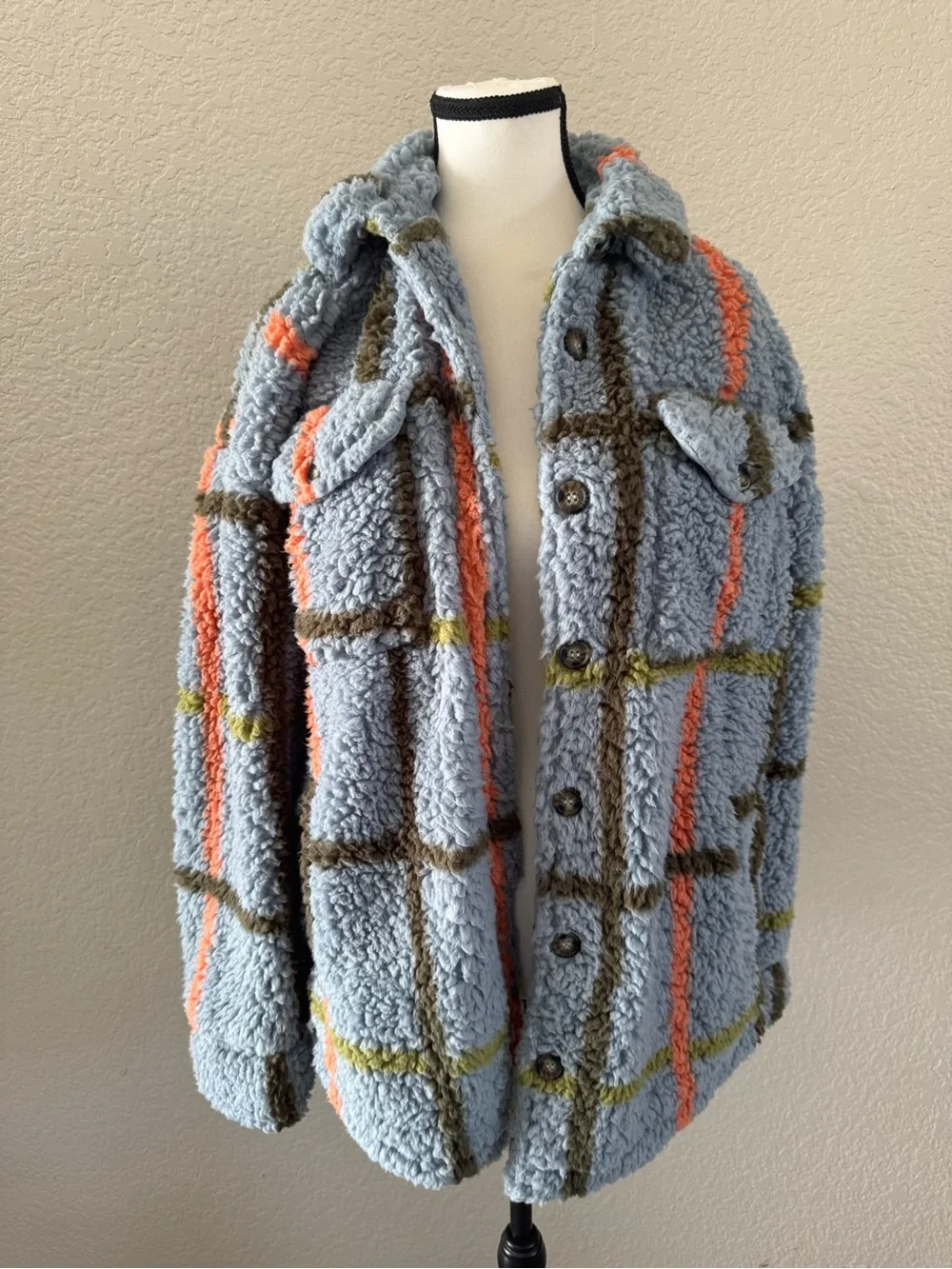 NWT RSQ Sherpa Plaid Shacket Jacket Blue Plaid Teddy Fleece Large Tillys
